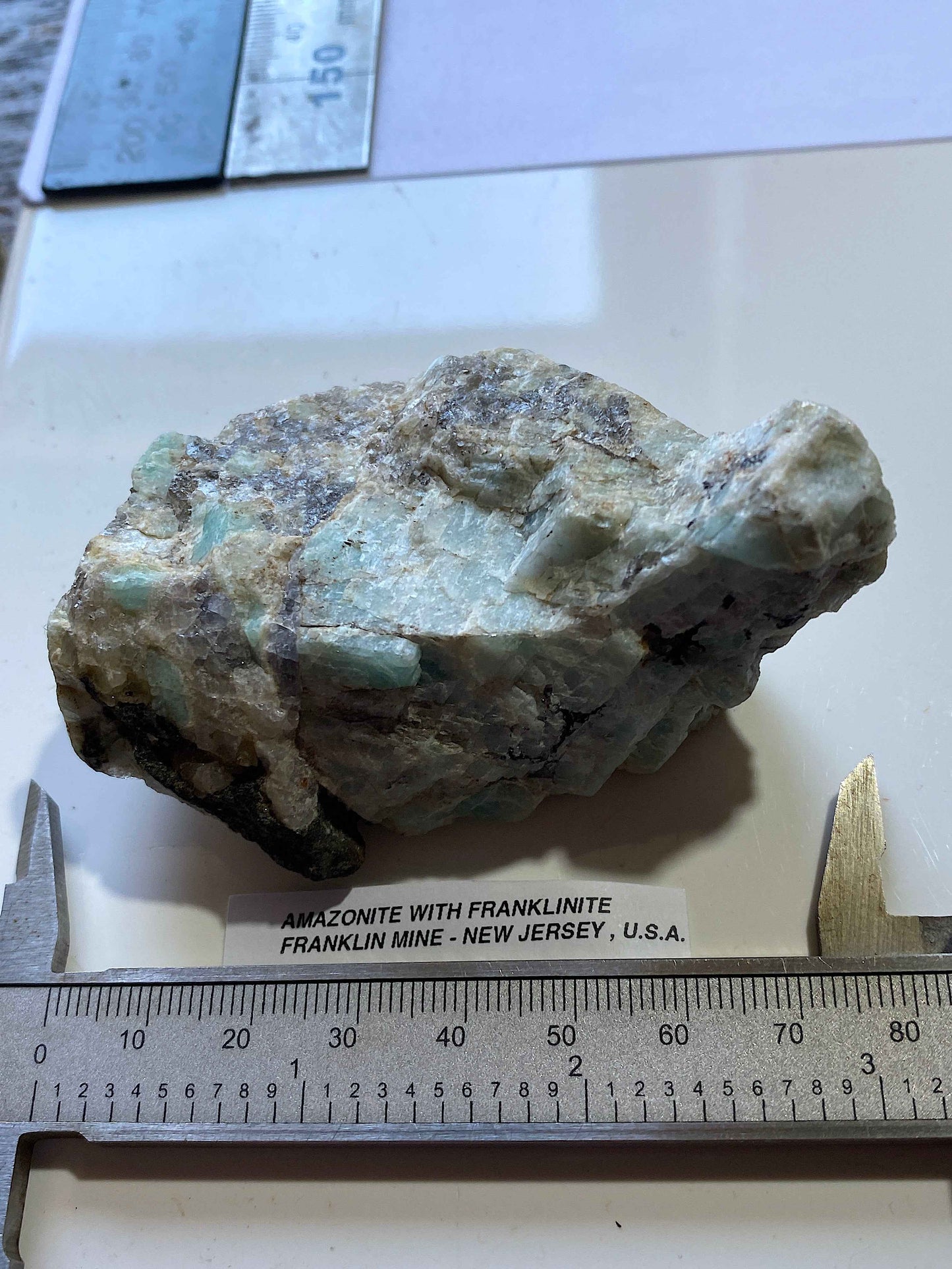 AMAZONITE WITH FRANKLINITE : FRANKLIN MINE, SUSSEX COUNTY, NEW JERSEY, U.S.A. 128g. MF5109