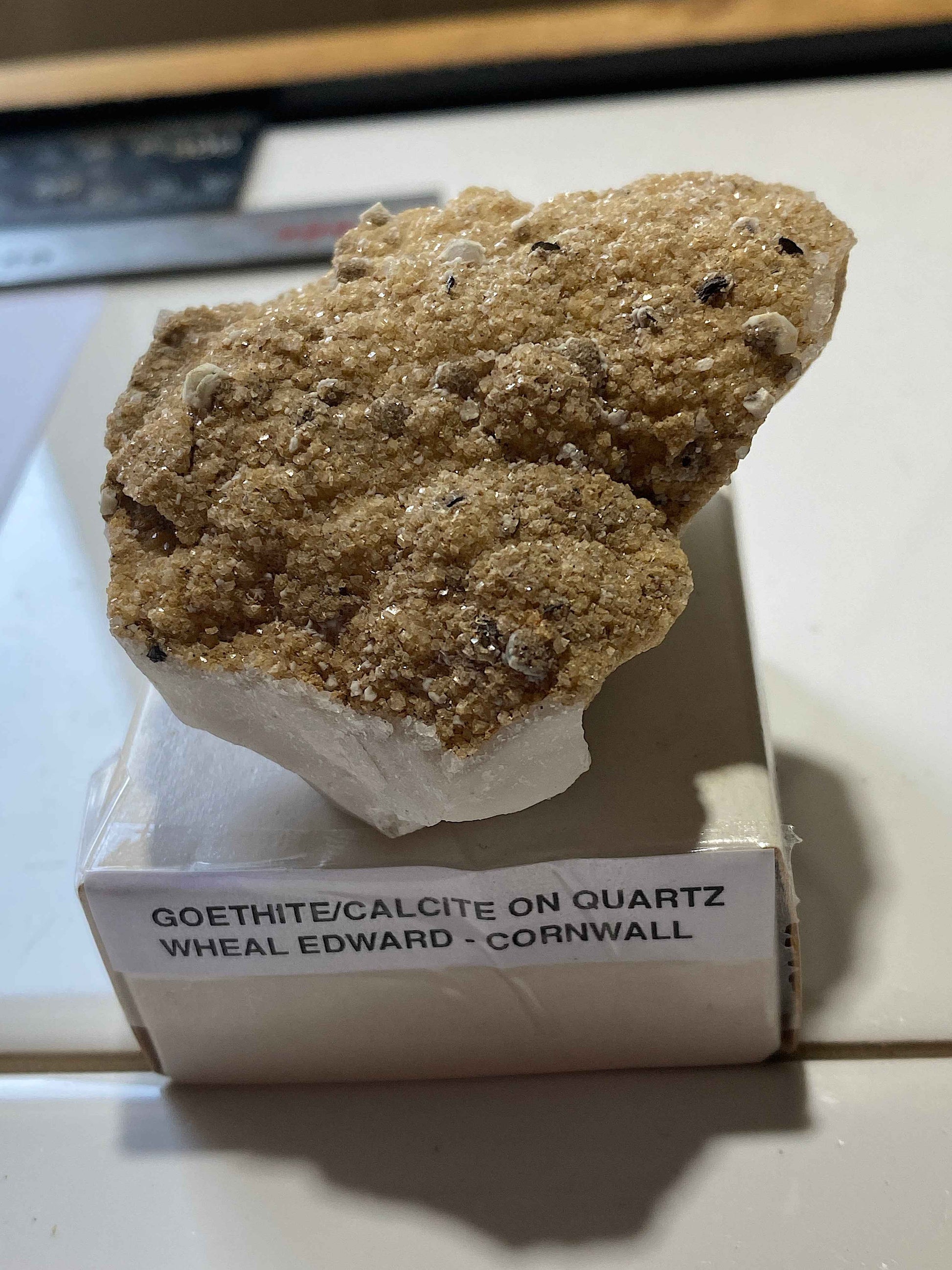 GOLDEN GOETHITE WITH CALCITE ON QUARTZ : WHEAL EDWARD, CORNWALL. 126g. MF5110