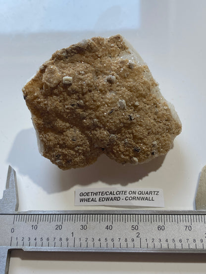GOLDEN GOETHITE WITH CALCITE ON QUARTZ : WHEAL EDWARD, CORNWALL. 126g. MF5110