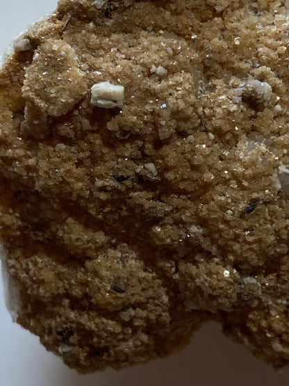 GOLDEN GOETHITE WITH CALCITE ON QUARTZ : WHEAL EDWARD, CORNWALL. 126g. MF5110