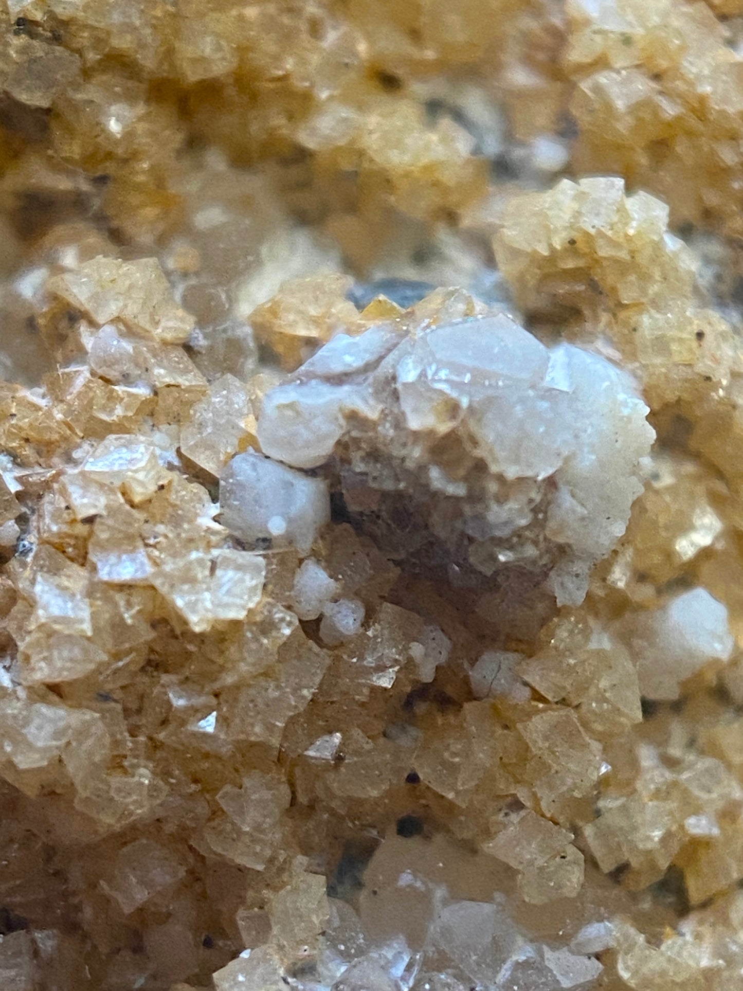 GOLDEN GOETHITE WITH CALCITE ON QUARTZ : WHEAL EDWARD, CORNWALL. 126g. MF5110