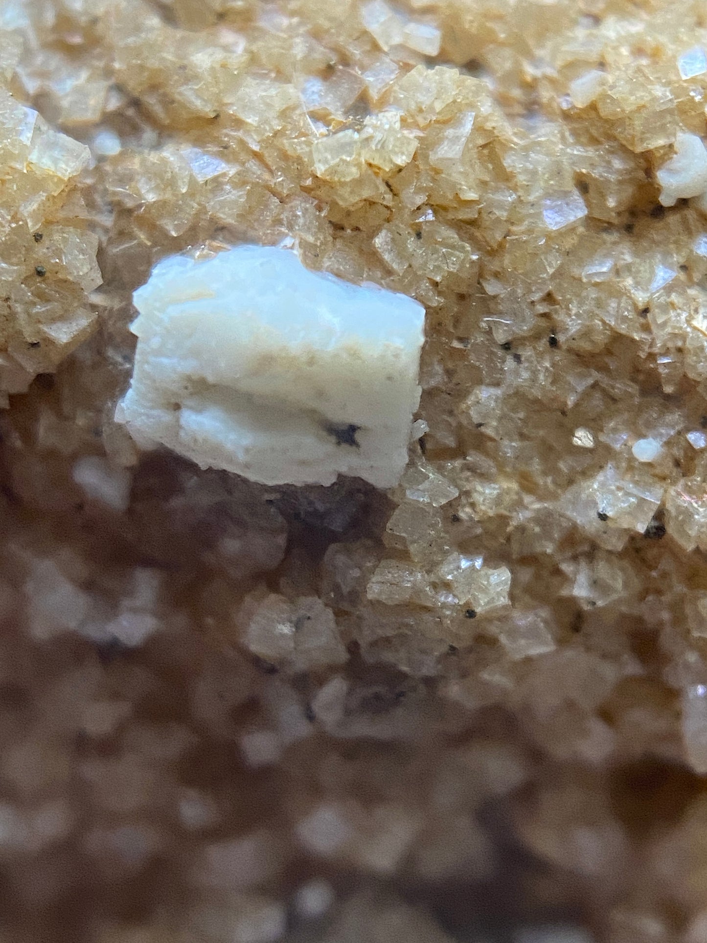 GOLDEN GOETHITE WITH CALCITE ON QUARTZ : WHEAL EDWARD, CORNWALL. 126g. MF5110