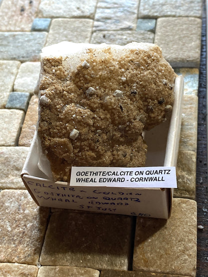 GOLDEN GOETHITE WITH CALCITE ON QUARTZ : WHEAL EDWARD, CORNWALL. 126g. MF5110
