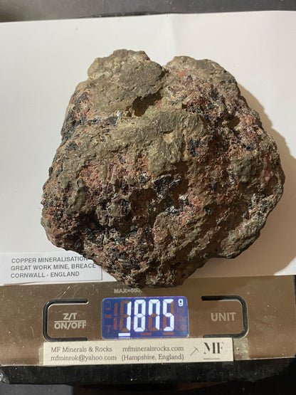 FASCINATING VERY DENSE COPPER BASED SPECIMEN FROM GREAT WORKS MINE, CORNWALL. 1875g MF5119