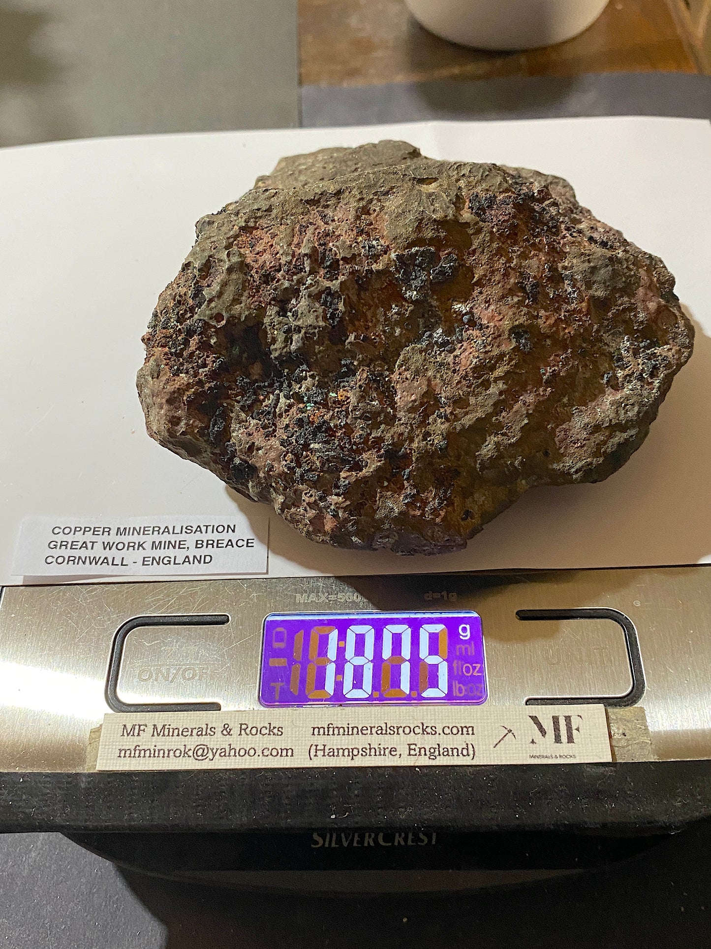 FASCINATING VERY DENSE COPPER BASED SPECIMEN FROM GREAT WORKS MINE, CORNWALL. 1875g MF5119