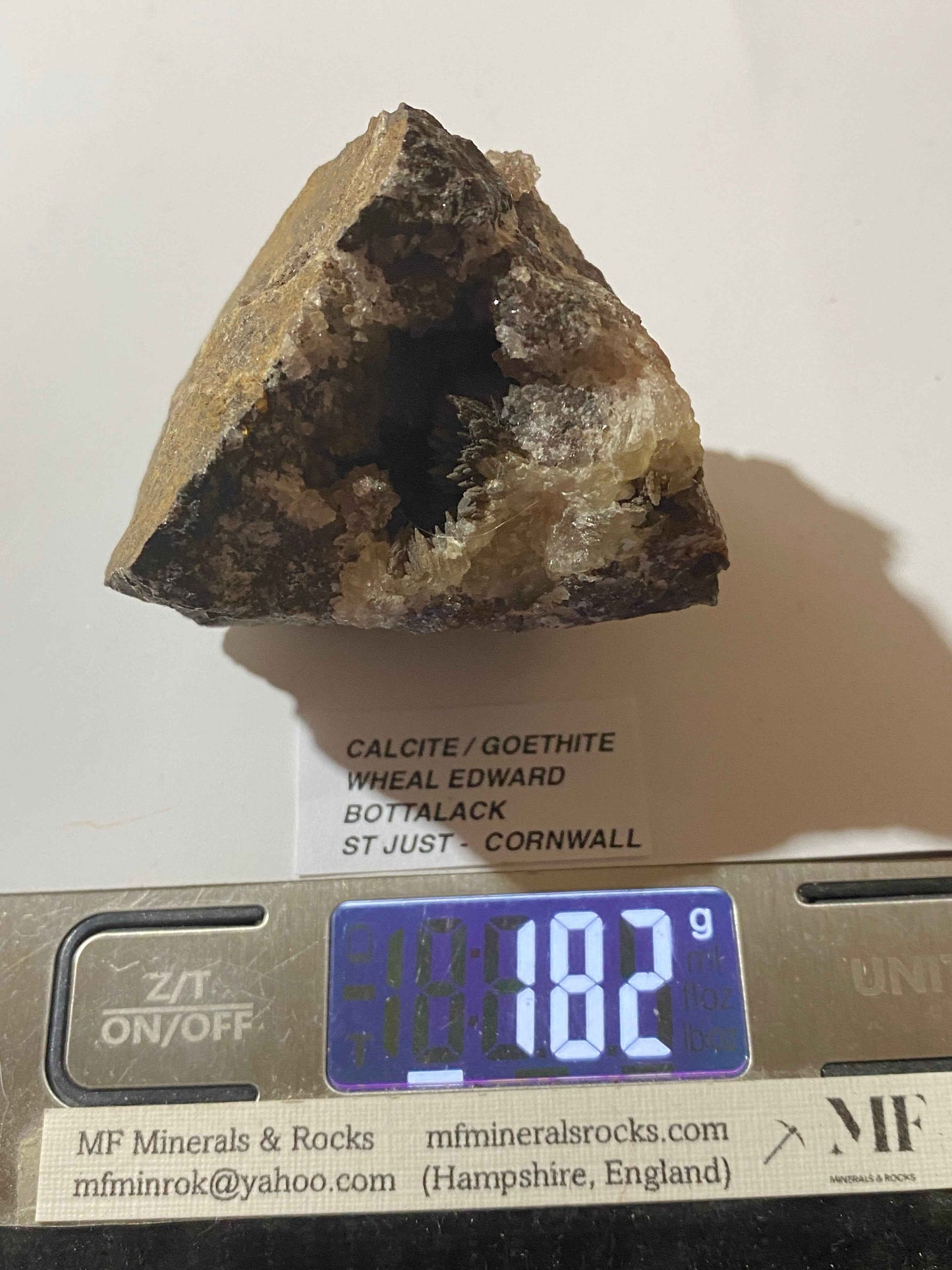 CALCITE/GOETHITE VUG : WHEAL EDWARD, BOTALLACK, ST JUST, CORNWALL. 182g. MF5123