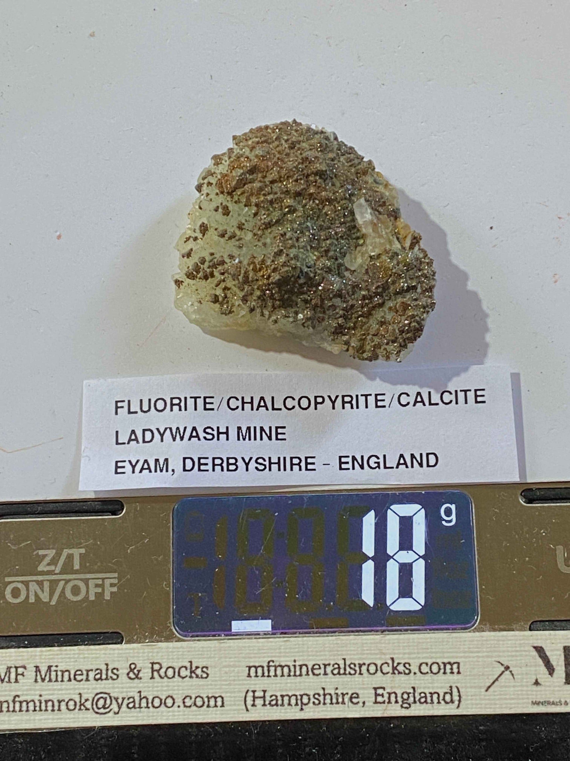 FLUORITE/CHALCOPYRITE/CALCITE : LADYWASH MINE, EYAM, DERBYSHIRE. 18g. MF5125