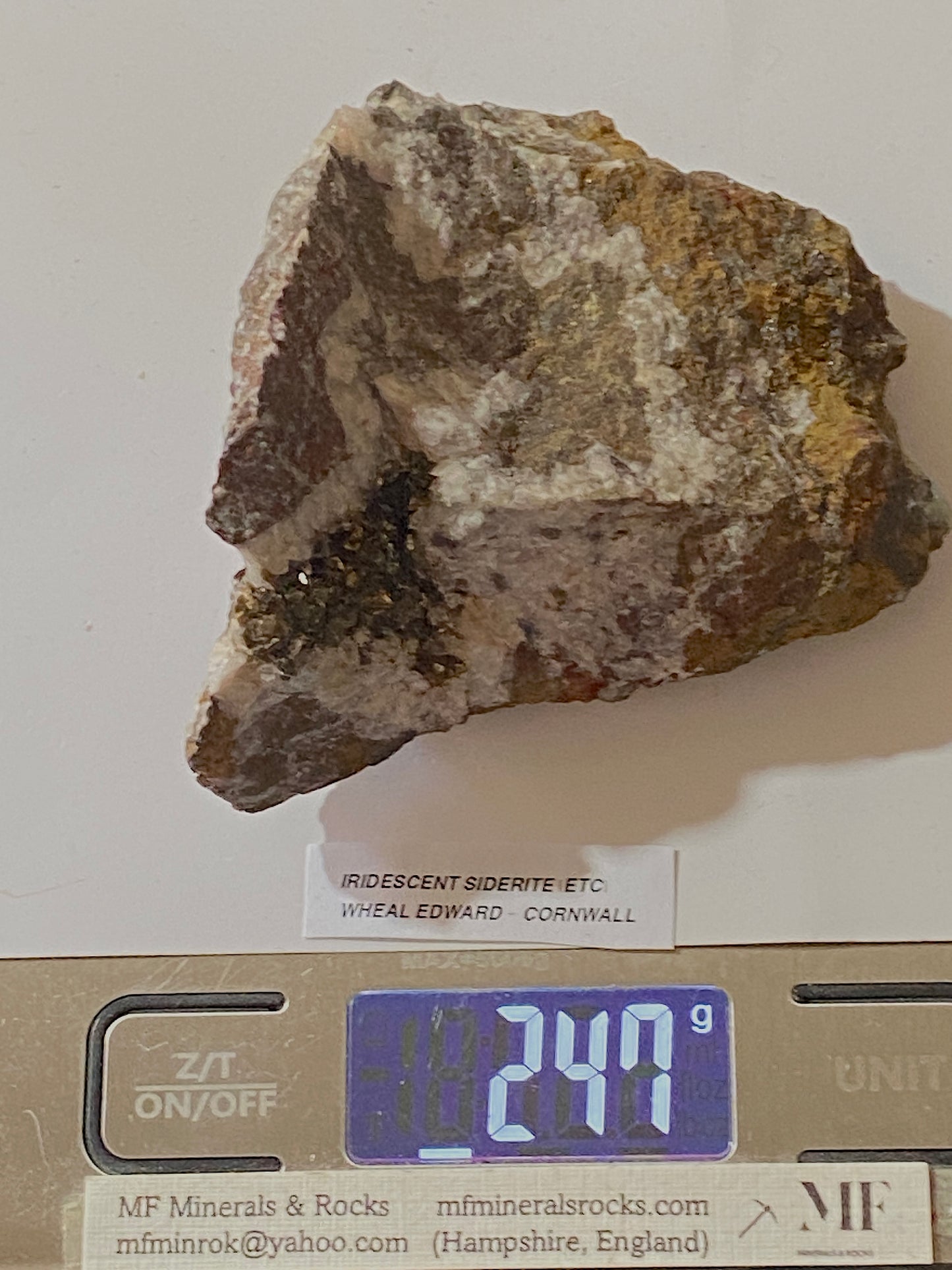 IRIDESCENT SIDERITE [ETC] : WHEAL EDWARD, BOTALLACK, ST JUST, CORNWALL 247g. MF5126