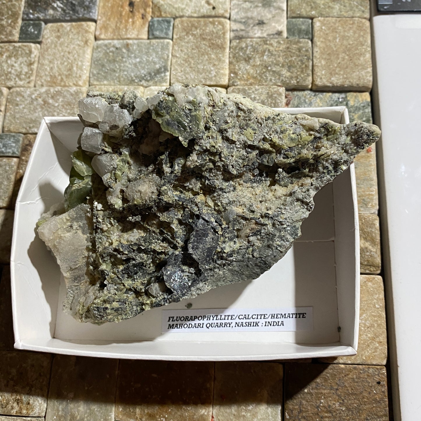 FLUORAPOPHYLLITE WITH CALCITE ETC : MAHODARI QUARRY, NASHIK, INDIA 252g MF4506