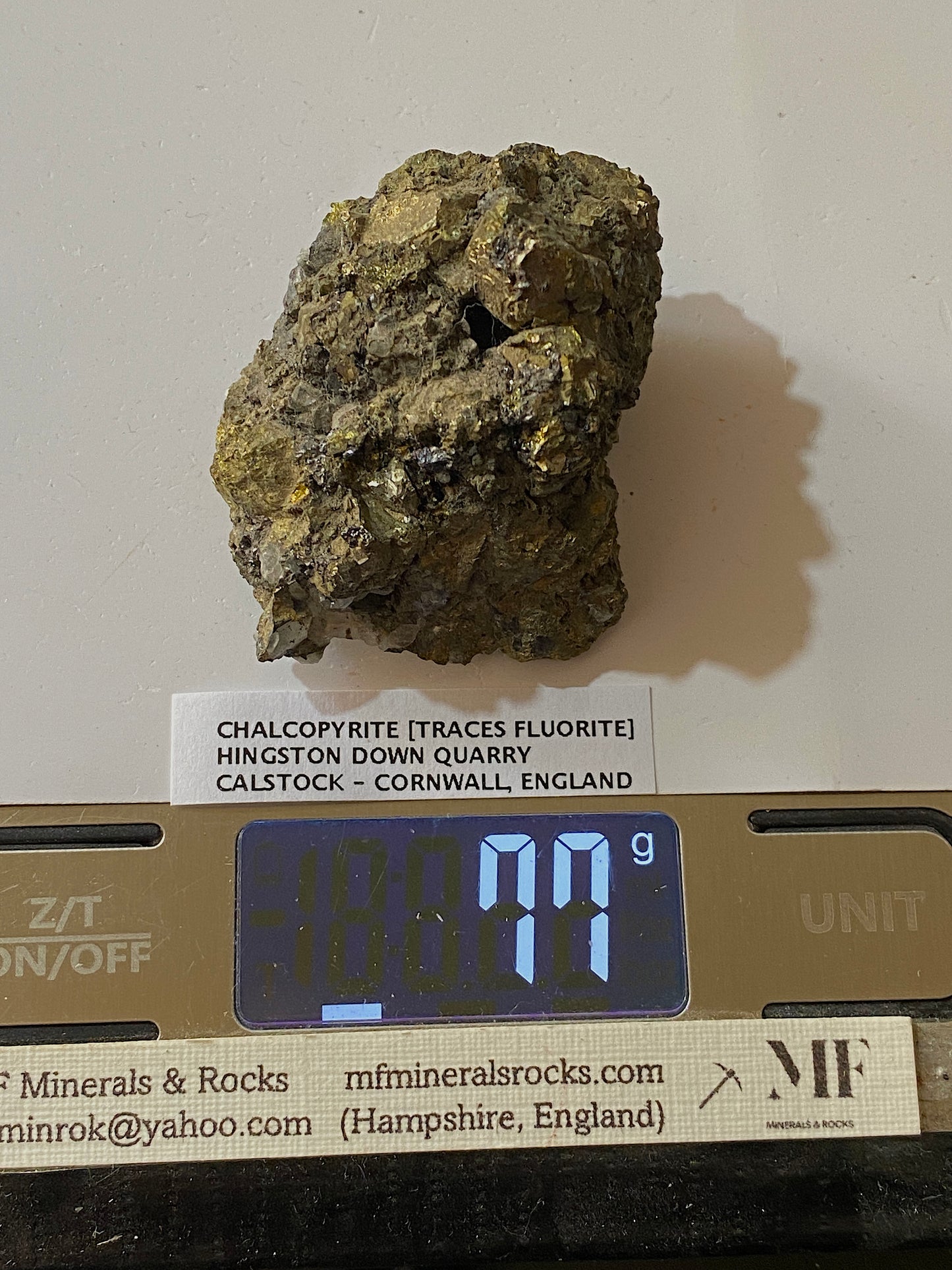 CHALCOPYRITE WITH TRACES FLUORITE : HINGSTON DOWN QUARRY, GUNNISLAKE, CORNWALL. 77g MF5134