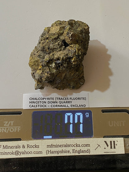 CHALCOPYRITE WITH TRACES FLUORITE : HINGSTON DOWN QUARRY, GUNNISLAKE, CORNWALL. 77g MF5134