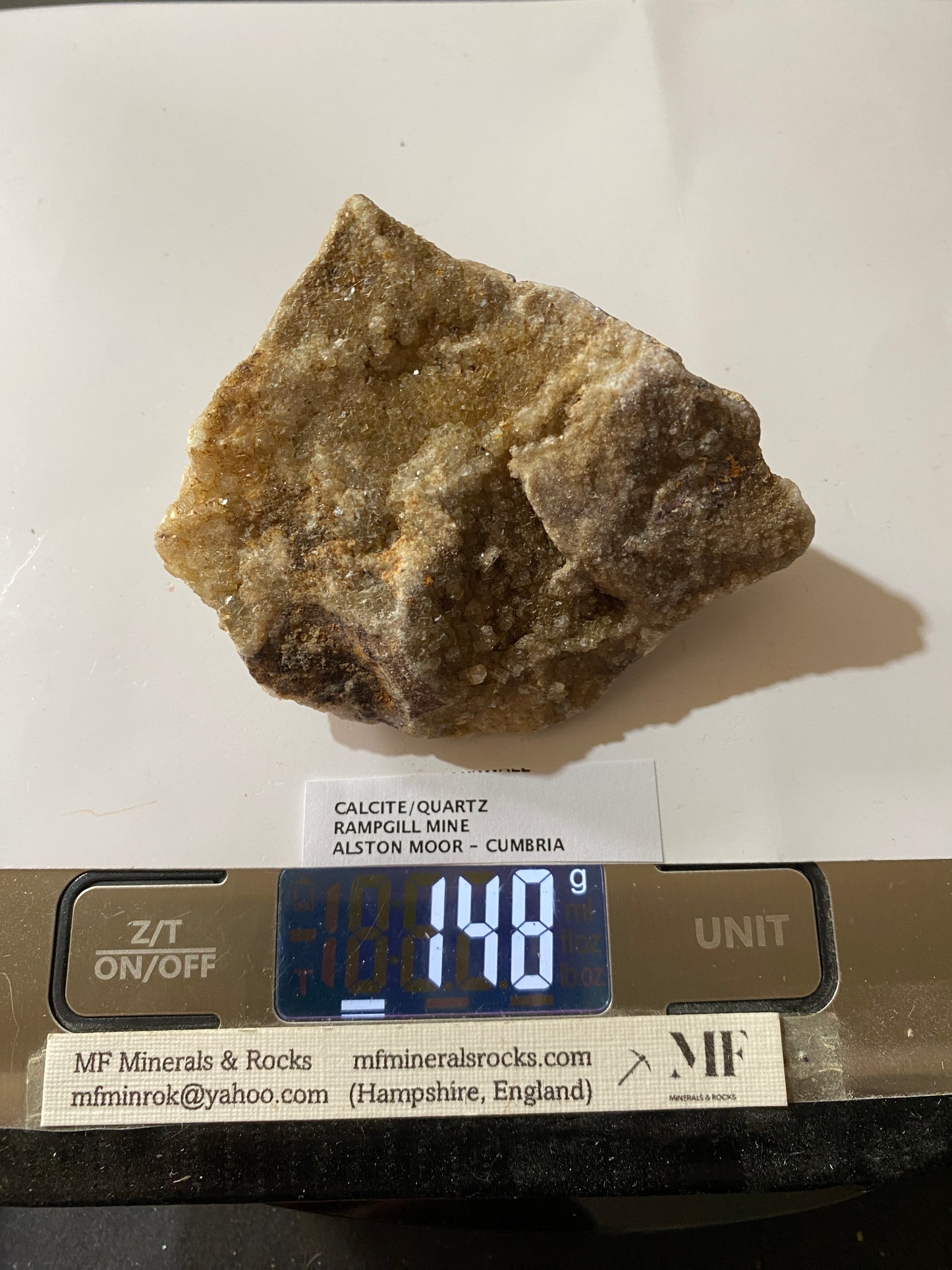 CALCITE ON QUARTZ : RAMPGILL MINE, NENTHEAD, ALSTON MOOR, CUMBRIA. 148g MF5139