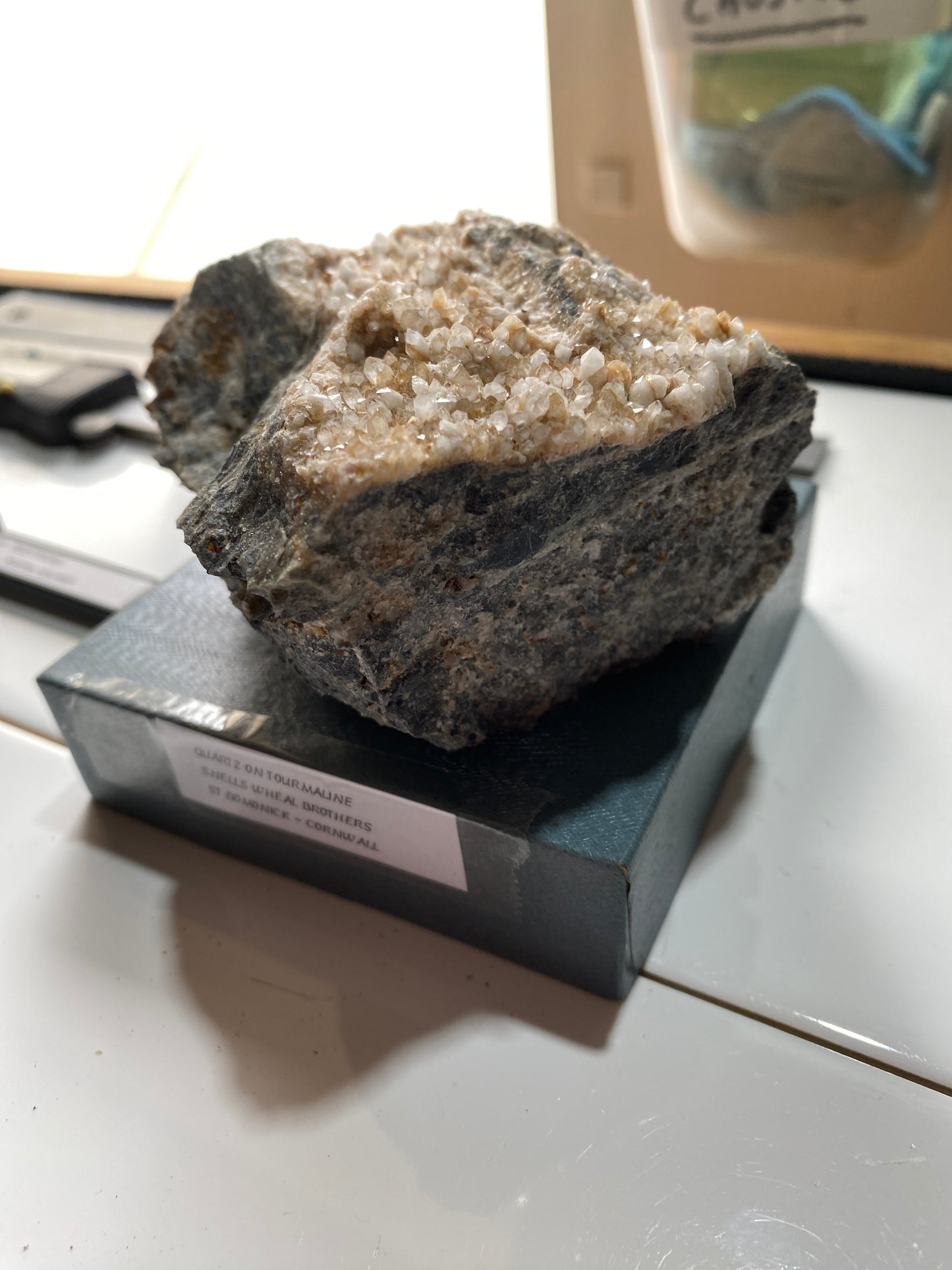 QUARTZ CRYSTALS ON TOURMALINE : SNELLS WHEAL BROTHERS, ST DOMONICK, CORNWALL. 565g MF5140