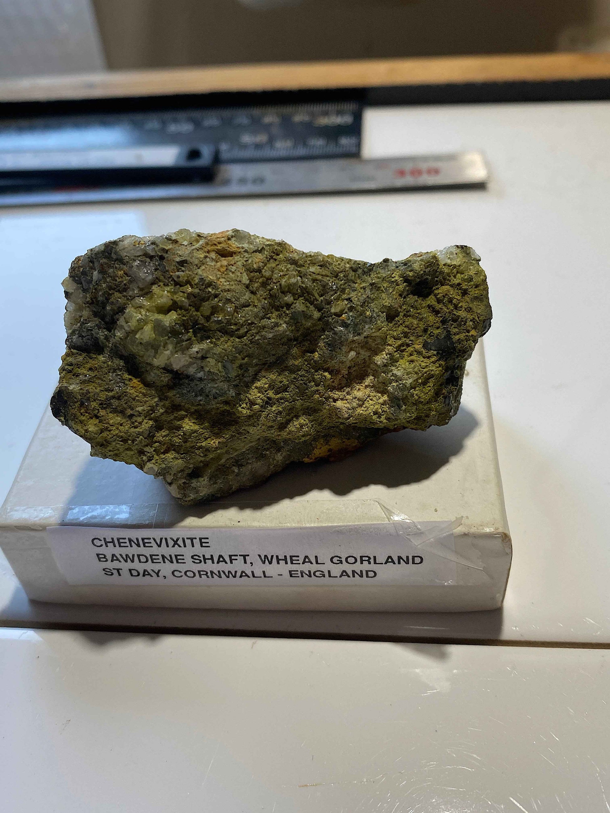 CHENEVIXITE : BAWDENE SHAFT, WHEAL GARLAND, ST DAY, CORNWALL  110g MF5152