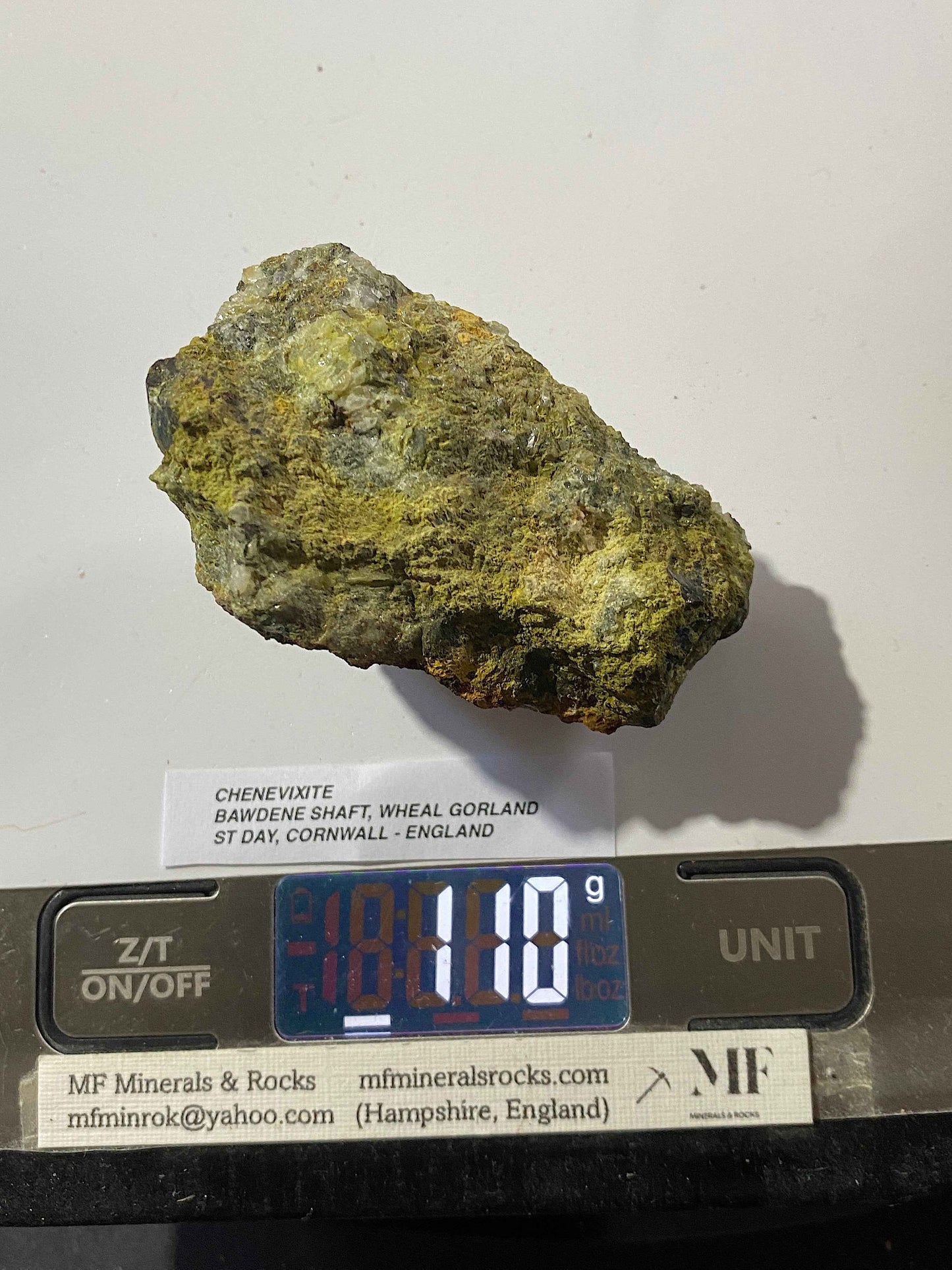 CHENEVIXITE : BAWDENE SHAFT, WHEAL GARLAND, ST DAY, CORNWALL  110g MF5152