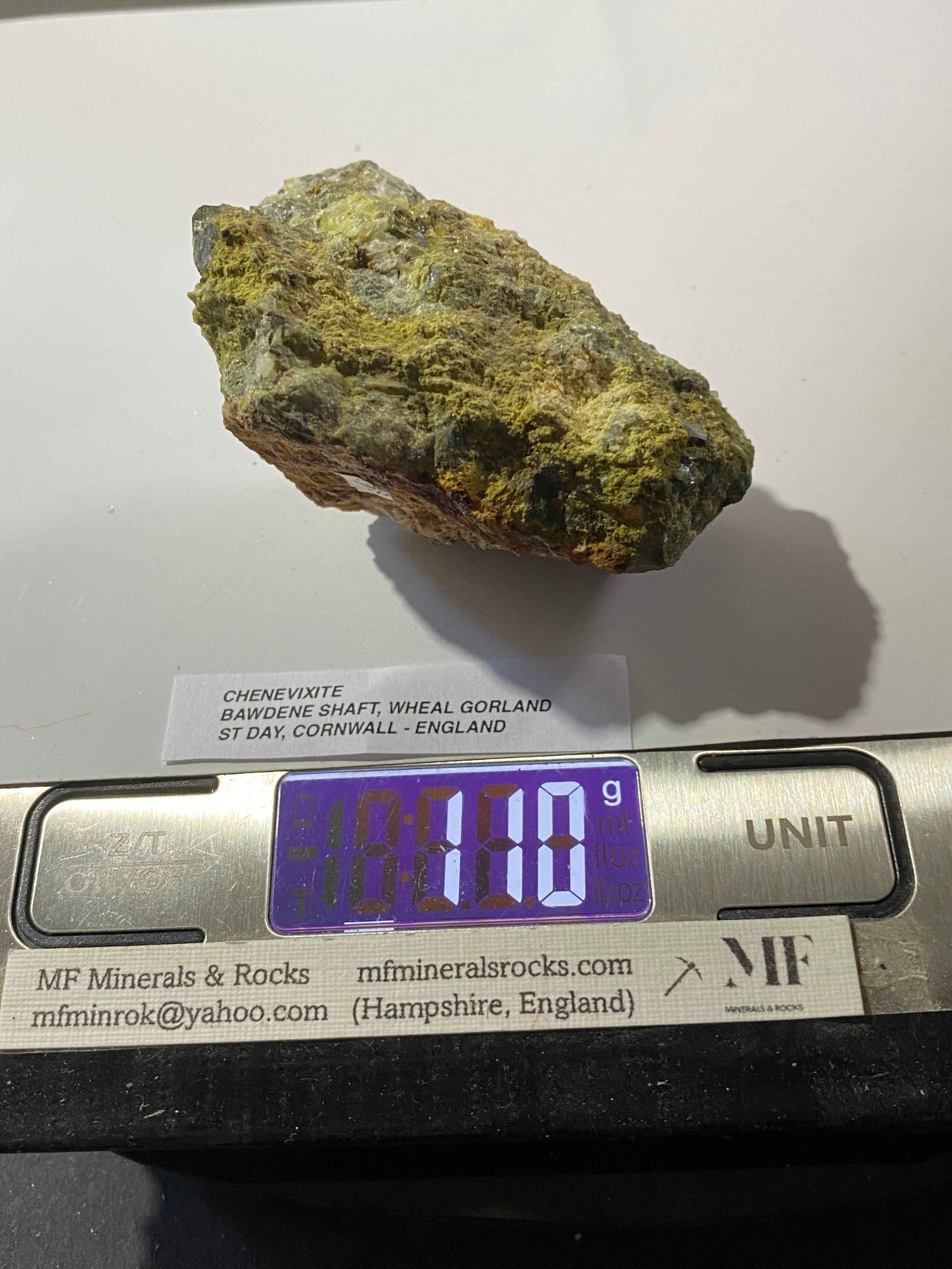 CHENEVIXITE : BAWDENE SHAFT, WHEAL GARLAND, ST DAY, CORNWALL  110g MF5152