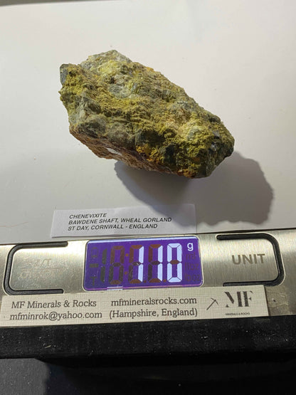 CHENEVIXITE : BAWDENE SHAFT, WHEAL GARLAND, ST DAY, CORNWALL  110g MF5152