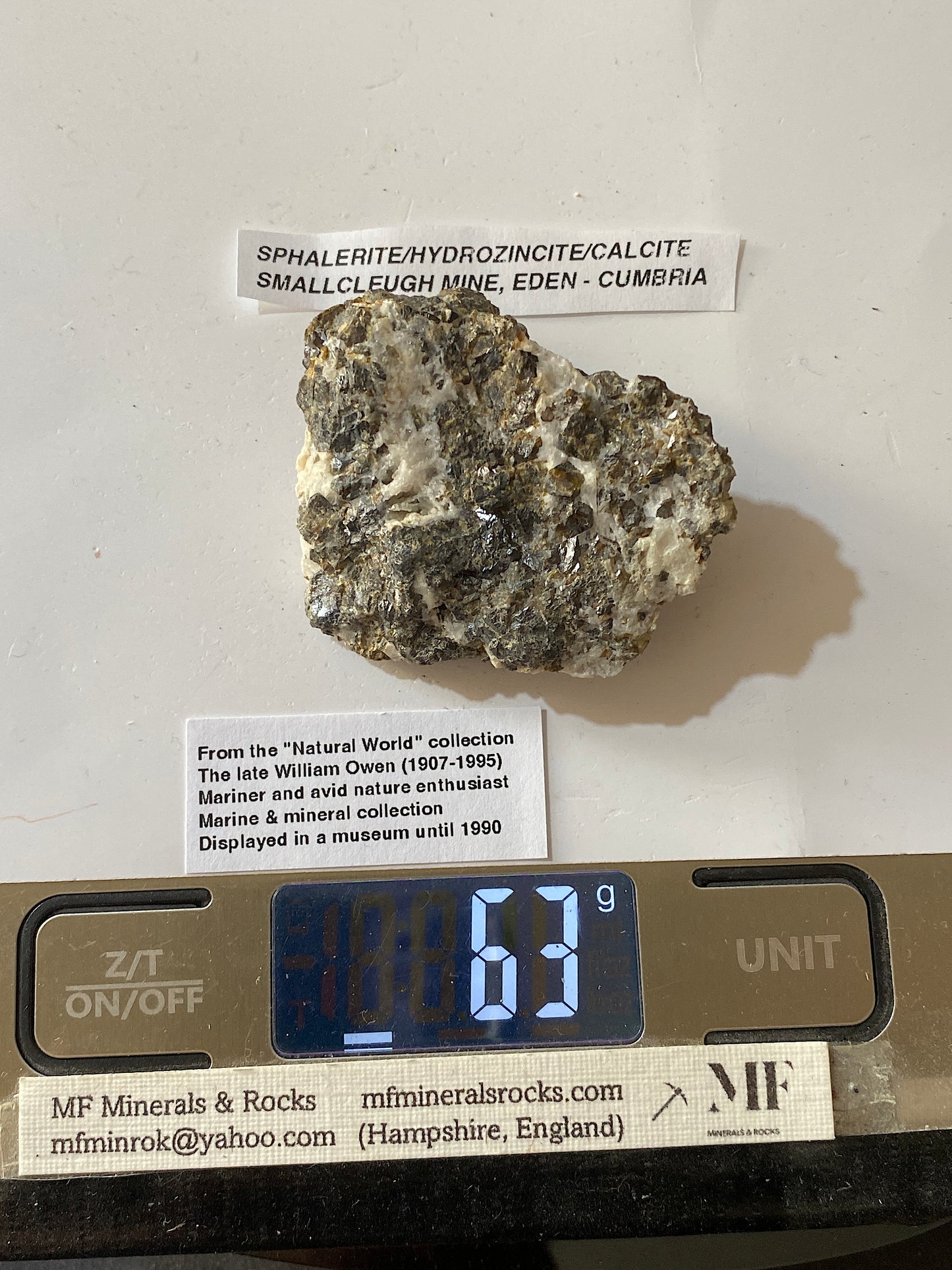 SPHALERITE/HYDROZINCITE/CALCITE ETC : SMALLCLEUGH MINE, CUMBRIA 63g MF5166