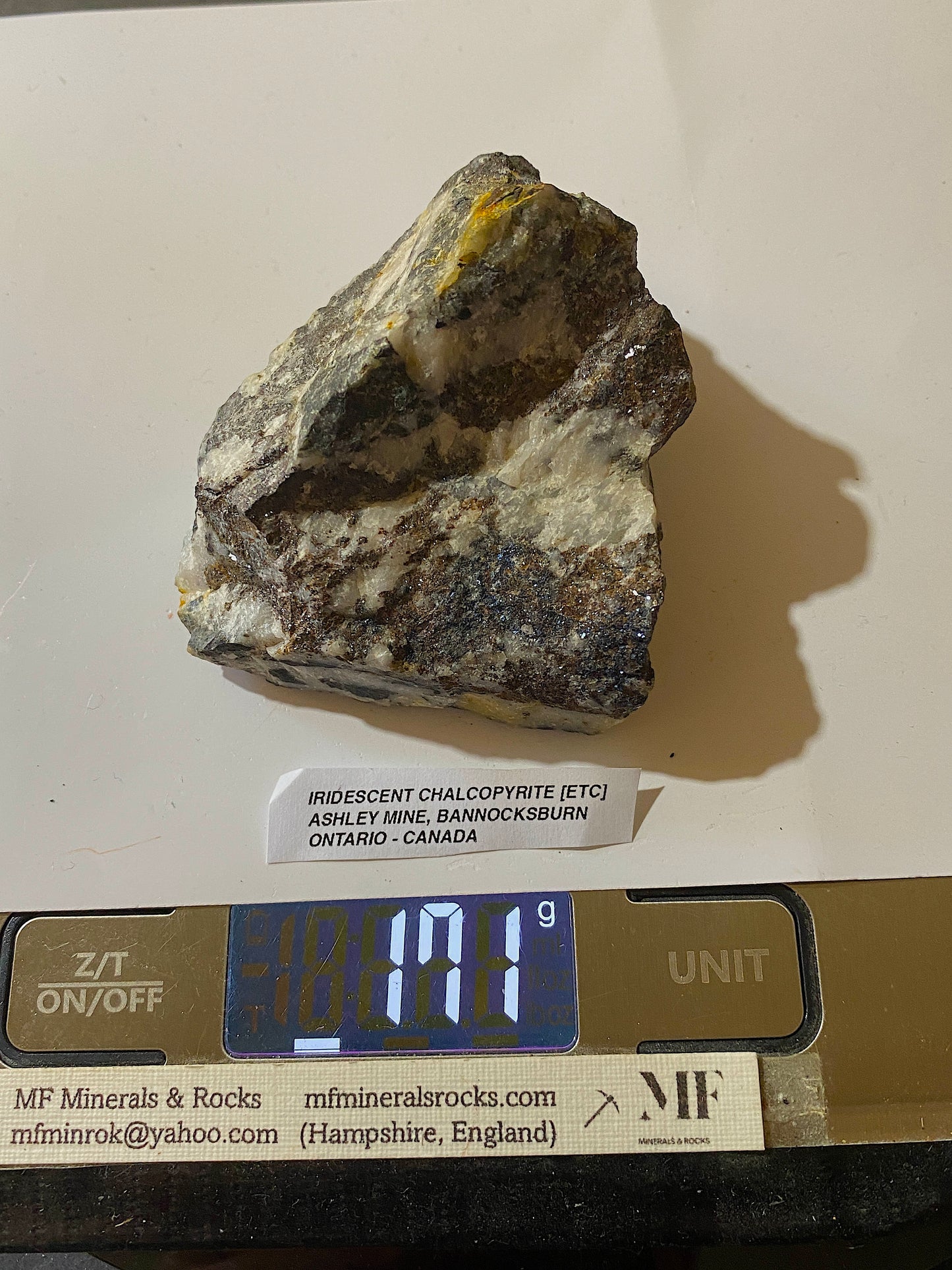 IRIDESCENT  CHALCOPYRITE [ETC] : ASHLEY MINE, ONTARIO, CANADA  171g MF517§