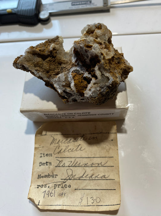 MARCASITE ON CALCITE UNUSUAL SPECIMEN FROM NORTH VERNON, INDIANA U.S.A. 77g MF5174