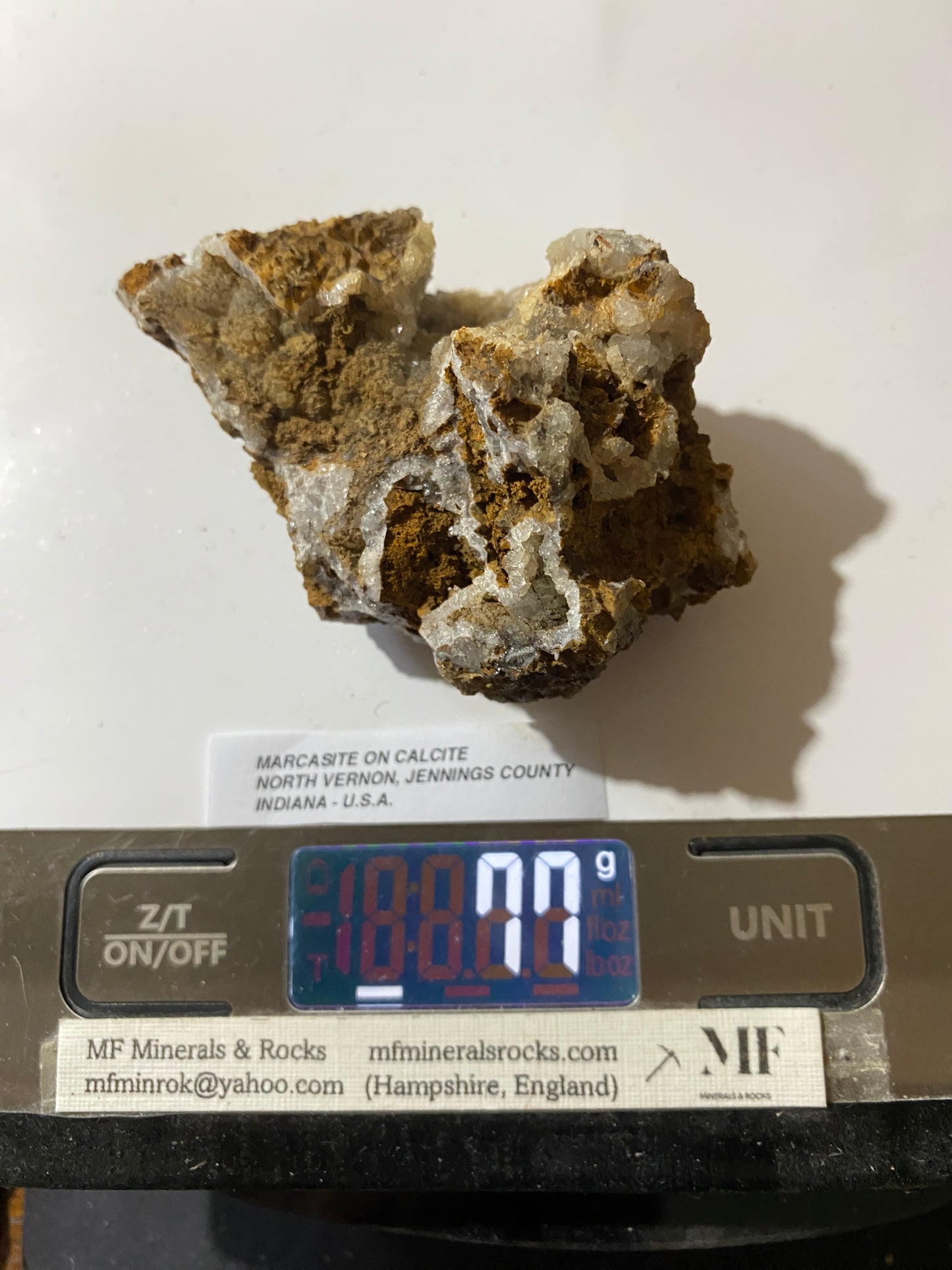 MARCASITE ON CALCITE UNUSUAL SPECIMEN FROM NORTH VERNON, INDIANA U.S.A. 77g MF5174