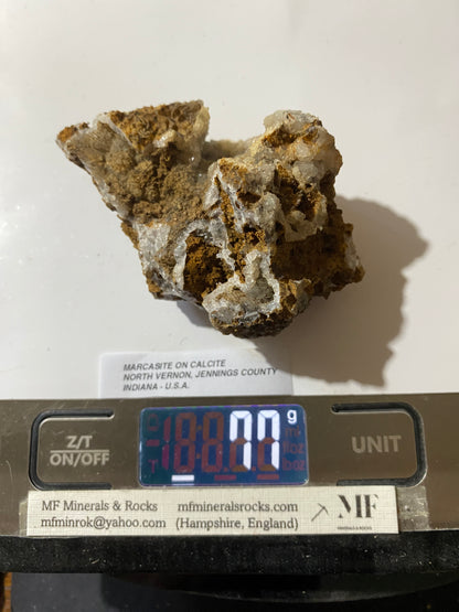 MARCASITE ON CALCITE UNUSUAL SPECIMEN FROM NORTH VERNON, INDIANA U.S.A. 77g MF5174