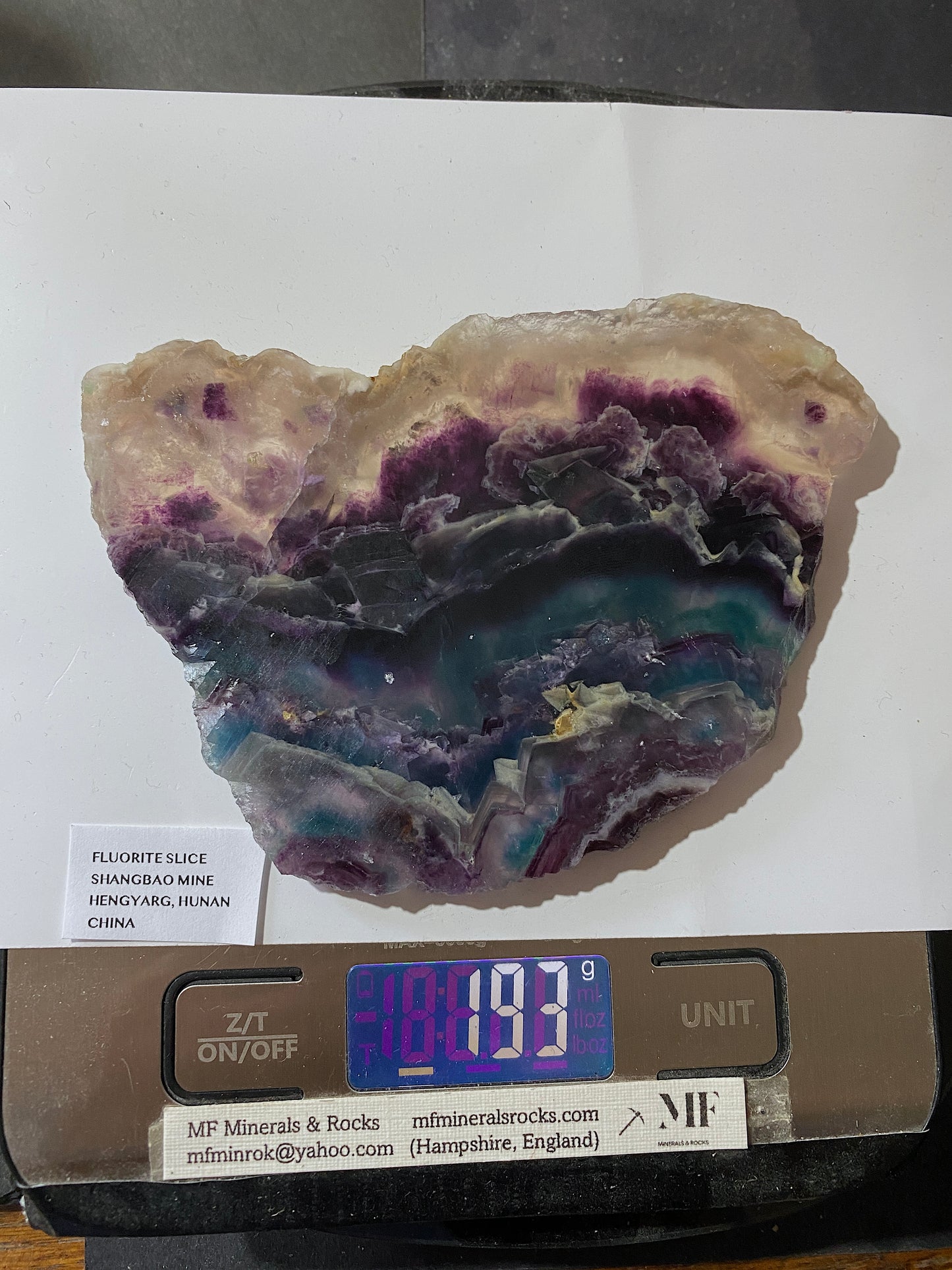 FLUORITE SLICE [POLISHED] : SHANGBAO MINE, HENGYARG, HUNAN, CHINA  193g MF5176