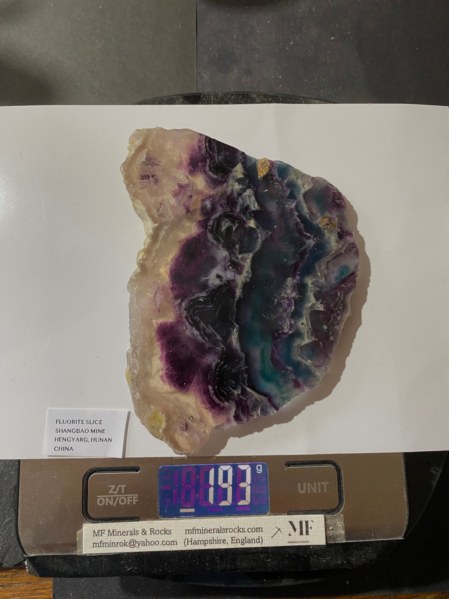 FLUORITE SLICE [POLISHED] : SHANGBAO MINE, HENGYARG, HUNAN, CHINA  193g MF5176