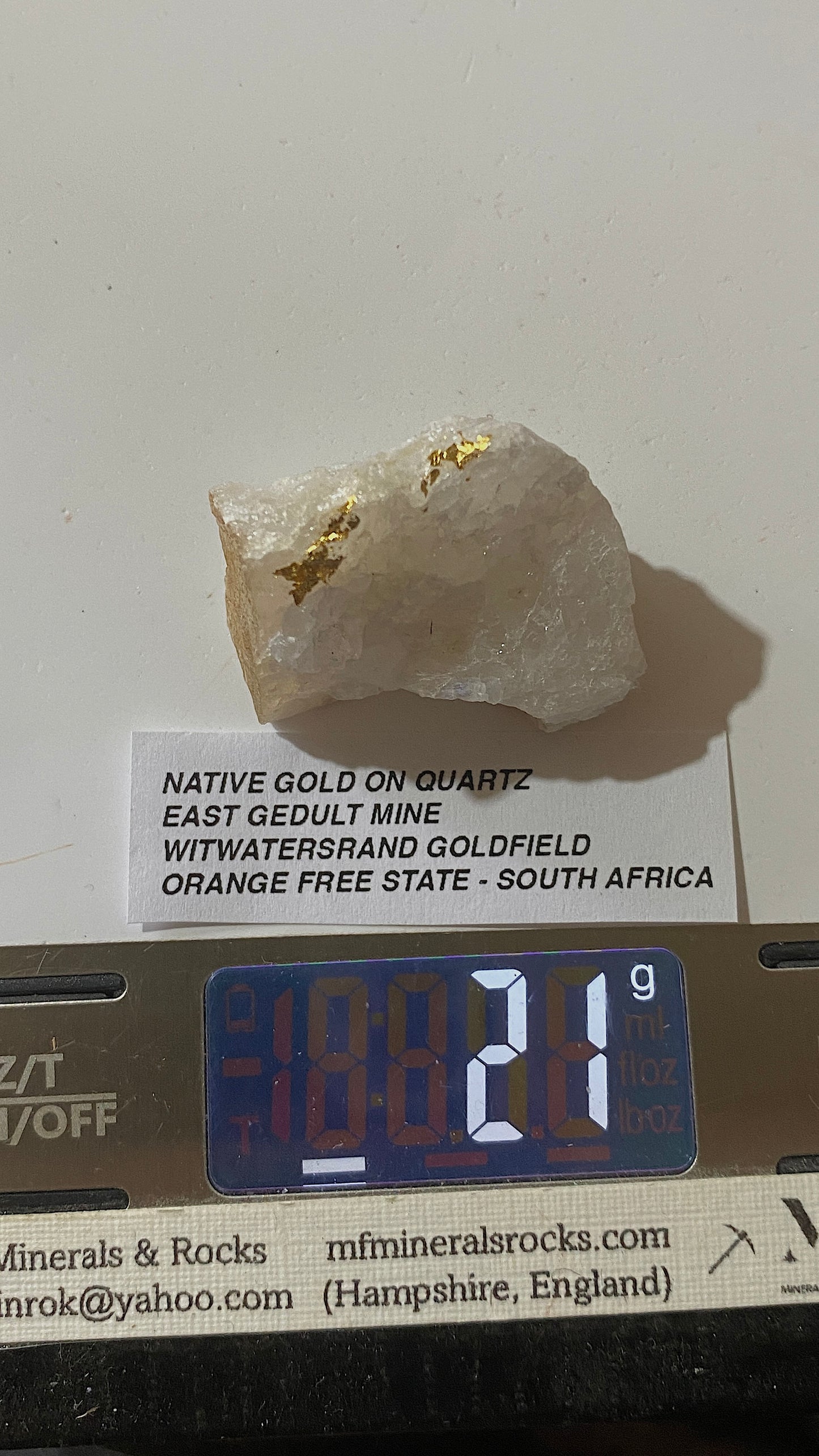 NATIVE GOLD ON QUARTZ : WITWATERSRAND, SOUTH AFRICA. 21g MF5183