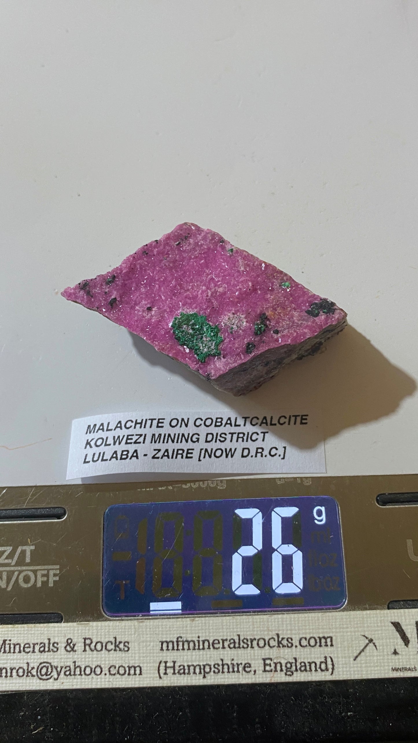 MALACHITE ON COBALT BEARING CALCITE : KOLWEZI M.D., LUALABA, ZAIRE. 26g MF5184