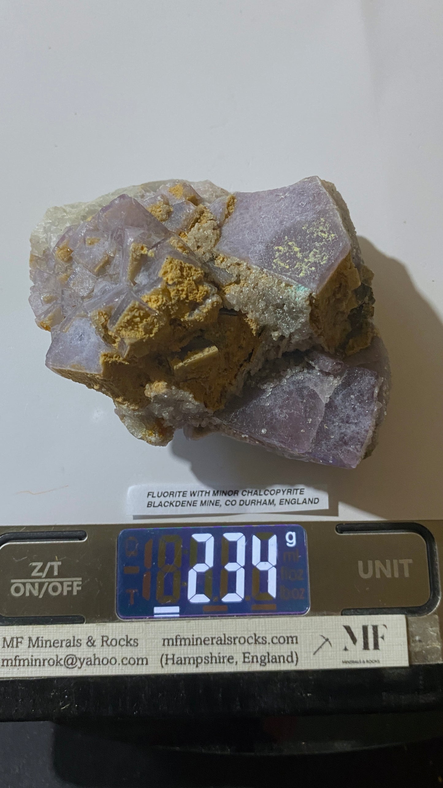 FLUORITE WITH MINOR CHALCOPYRITE : BLACKDENE MINE, IRESHOPESBURN, COUNTY DURHAM, ENGLAND 234g MF5190