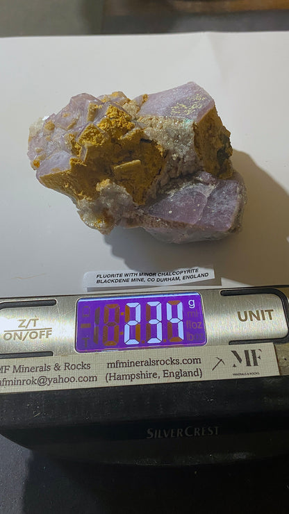 FLUORITE WITH MINOR CHALCOPYRITE : BLACKDENE MINE, IRESHOPESBURN, COUNTY DURHAM, ENGLAND 234g MF5190